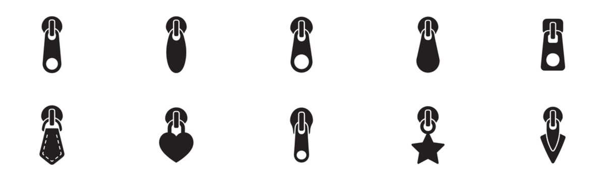 Zipper pullers and sliders icon. Collection of zipper pullers and sliders vector icons. Different shapes of garment fasteners silhouettes including heart and star.