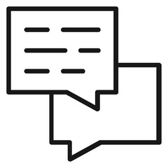 Black vector icon of two overlapping speech bubbles representing a chat or conversation. Minimalist line art illustration for messaging, communication, and social media interface design.