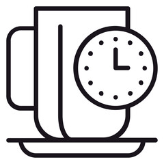 Black line art vector icon illustration of a coffee cup on a saucer with a clock face, representing a coffee break, tea time, morning routine, or time management for work and lifestyle. © Julekha