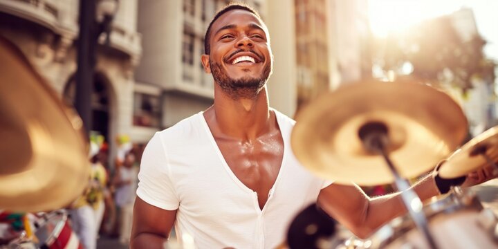 Young Brazilian man joyfully plays samba batucada drums in a sunny street celebration