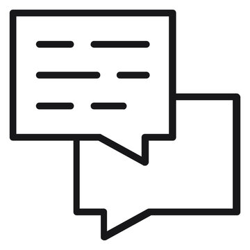 Black vector icon of two overlapping speech bubbles representing a chat or conversation. Minimalist line art illustration for messaging, communication, and social media interface design.
