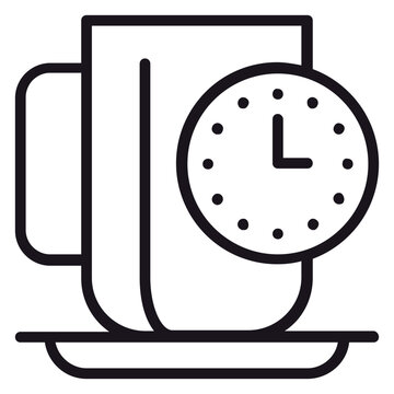 Black line art vector icon illustration of a coffee cup on a saucer with a clock face, representing a coffee break, tea time, morning routine, or time management for work and lifestyle.