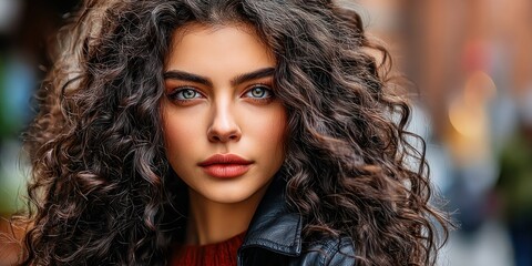Fototapeta premium Close-up portrait of a young woman with striking blue eyes and voluminous curly hair