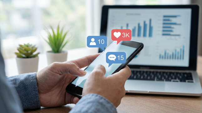 dashboard analytics of social media metrics  on smartphone to increase followers with engagement notifications and digital marketing growth concept
