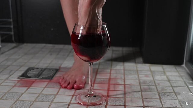 Foot fetish. A woman dips her toes in a glass of red wine.