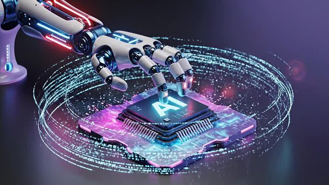 Robotic hand interacting with ai chip on dark background