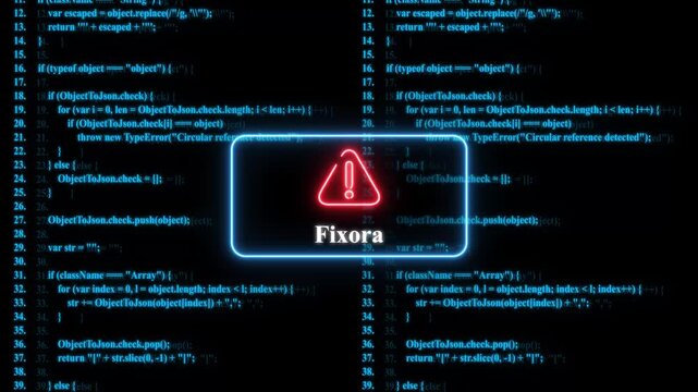Neon warning sign over digital programming code background, cyber security error concept for software development