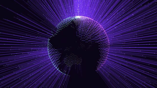 Abstract representation of a glowing planet Earth formed by countless tiny light particles, with purple light rays emanating outwards