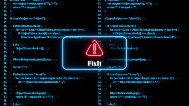 Neon fix it warning sign over scrolling software code background, for cybersecurity and, programming troubleshooting concepts