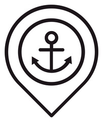 Fototapeta premium Minimalist black vector icon of a map pin location marker containing a nautical anchor symbol, ideal for maritime navigation, port location, harbor tracking, and sea travel graphic applications.