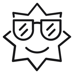 Smiling sun wearing sunglasses black line art vector icon. Minimalist summer sun character illustration with a happy face and shades, perfect for weather apps, travel, and seasonal designs. © MDAslam