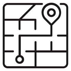 Minimalist black vector line icon illustration of a city map with a navigation route, starting point, and location pin marker, perfect for GPS, travel, and direction concepts. © MDAslam