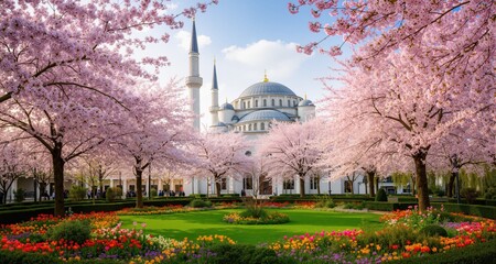 Obraz premium Serene spring mosque sakura blossom garden 