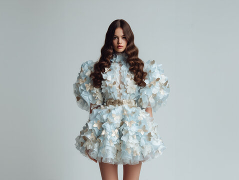 Fashion Model in Blue Couture Dress, High Fashion Editorial Portrait