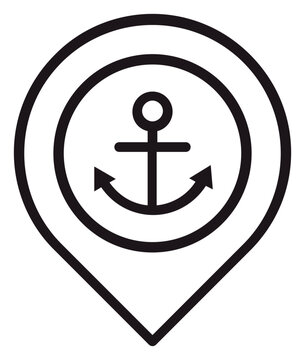 Minimalist black vector icon of a map pin location marker containing a nautical anchor symbol, ideal for maritime navigation, port location, harbor tracking, and sea travel graphic applications.