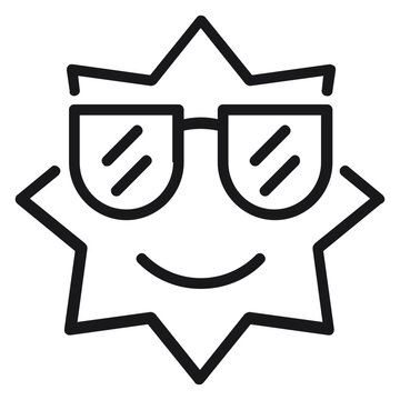 Smiling sun wearing sunglasses black line art vector icon. Minimalist summer sun character illustration with a happy face and shades, perfect for weather apps, travel, and seasonal designs.