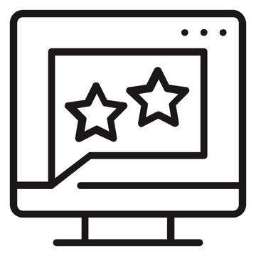 Black vector icon of a computer monitor with a speech bubble containing two stars, representing online customer reviews, digital feedback, website rating, user experience, and business reputation.