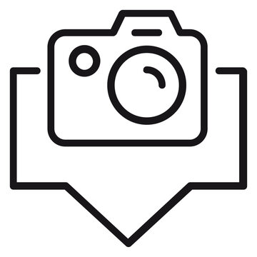 Black line art vector icon of a digital camera integrated into a map pin location marker symbol, representing photography travel, geotagging, and photo spots, isolated on a white background.
