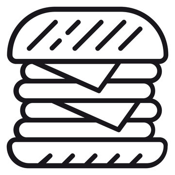 Black line art vector icon of a double cheeseburger with multiple patties, cheese slices, and grill marks on the buns, minimalist food illustration isolated on a white background for design.