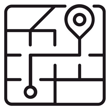 Minimalist black vector line icon illustration of a city map with a navigation route, starting point, and location pin marker, perfect for GPS, travel, and direction concepts.