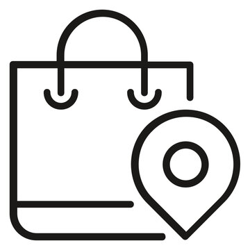 Black line vector icon illustration of a shopping bag with a location pin map marker symbol, representing store location, local shop finder, retail point of interest, and delivery tracking.
