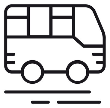 Minimalist black line art vector icon of a bus or shuttle van for public transportation, travel, and urban mobility, featuring a clean silhouette design for web and mobile app interfaces.
