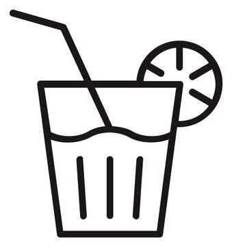 Minimalist black line vector icon of a refreshing cold beverage in a glass featuring a drinking straw and a citrus lemon slice garnish, isolated on a white background for graphic design projects.