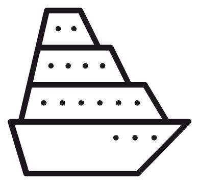 Black line art vector icon of a large cruise ship or ocean liner with multiple decks and portholes, minimalist symbol for travel, vacation, maritime transport, and nautical tourism illustration.