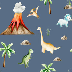 Seamless pattern with dinosaurs, volcano eruption, palm tree, sun and clouds. Watercolor hand drawn prehistoric triceratops, diplodocus, Spinosaurus, Brachiosaurus animal. Isolated illustration on © Natalia