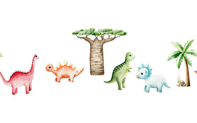 Cute dinosaur seamless border, Baobab tree, palm banner. Watercolor hand drawn prehistoric triceratops, diplodocus,Spinosaurus, Brachiosaurus animal. Isolated illustration on transparent background © Natalia