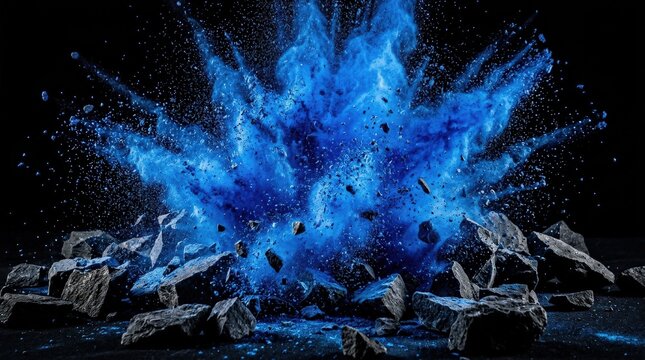 Blue powder exploding over broken stones on a black background, vivid particles, rugged debris, dramatic contrast, high-energy abstract atmosphere, ultra-realistic, no logos.