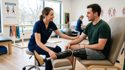 Fototapeta premium A physiotherapist in a bright clinical space carefully consulting with an amputee patient, prosthetic leg visible, compassionate body language, clean healthcare interior with natural light,