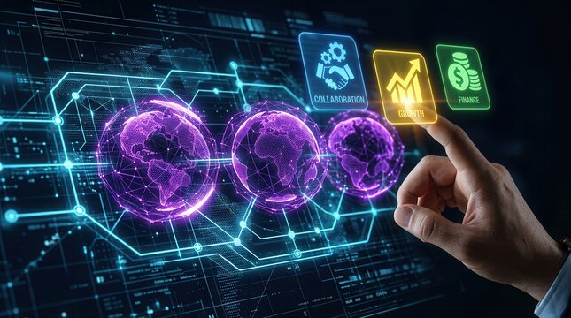 A hand interacting with three colored icons representingBusiness renders purple wireframe globe shapes over ice blue connection paths forming structural grid under luminous edges