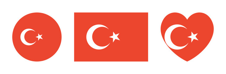 Obraz premium National Flag of Turkey button, sticker set. Flag rectangular, round, heart icon, badge. Turkish flag circle, rectangle, heart shaped banner, background.