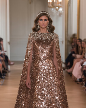 Fashion Model in Gold Sequin Dress, Luxury Runway Editorial