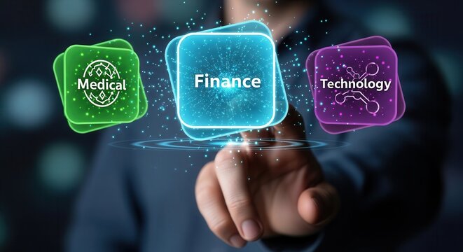 A hand interacting with three colored icons representingFinance combines cyan square panels with electric blue tiny glowing dots in radial structure showing floating particles