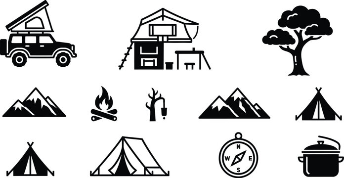 Camping cars icon set black and white vector graphics for outdoor adventures