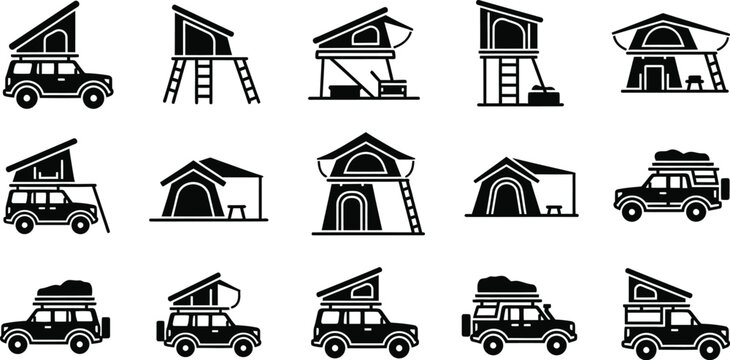 Cars icon set diverse collection of vehicle rooftop tents campervan illustrations