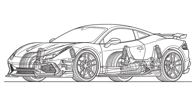 Sports Car Cutaway Technical Illustration Showing Chassis, Suspension and Drivetrain Line Art Blueprint