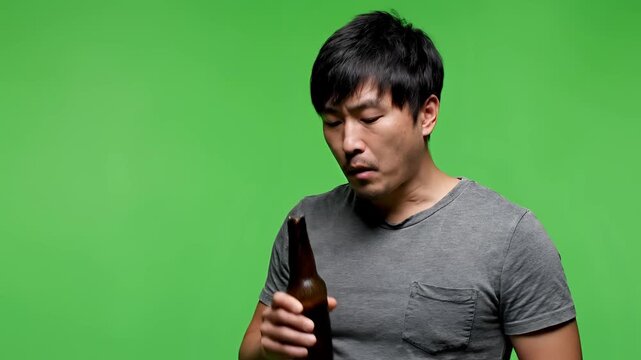 Man drinking beer from bottle on green screen background.