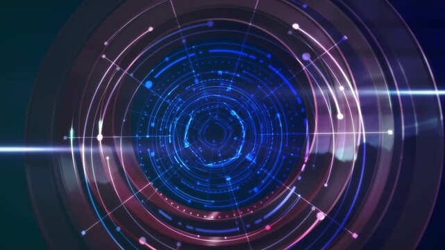 Intricate technological circular interface with glowing blue and purple concentric rings and light streaks, suggesting a complex system or portal