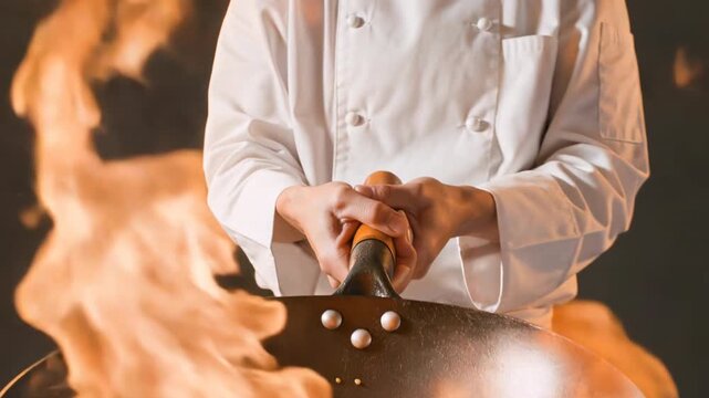 Professional chef tossing fresh vegetables in a hot wok, cinematic style