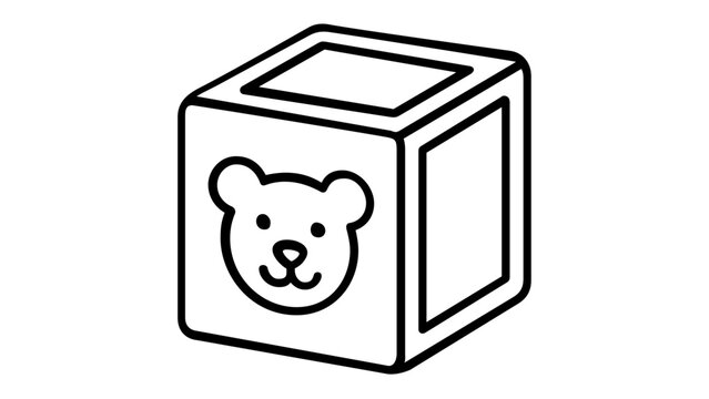 Minimalist Baby Toy Block Vector Icon Illustration Feturing a Cute Teddy Bear Fce Outline on a Square Cub, Perfect for Nursery Deco, Child Playroom Graphics,and Infant Product Design.
