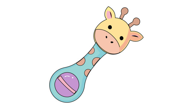Cute Giraffe Baby Rattle Vector Illustration, Adorable Animal Themed Infant Toy Icon for Nursery Decor, Baby Shower Invitations, and Childcare Branding, Scalable Flat Design Graphic Element