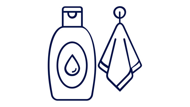 Minimalist vector line art illustration of baby bath essentials, featuring a shampoo or lotion bottle with a drop icon and a hanging washcloth towel, ideal for hygiene and skincare product design.