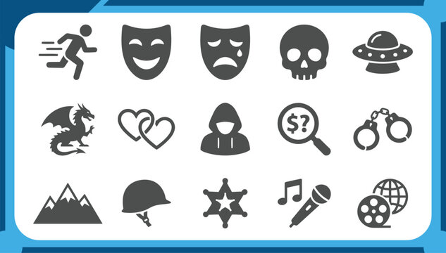 Large Collection of Movie Genre Icons Featuring Comedy Tragedy Mask, Fantasy Dragon, Sci-Fi UFO, Crime Handcuffs and Cinema Entertainment Graphic Elements Vector Set