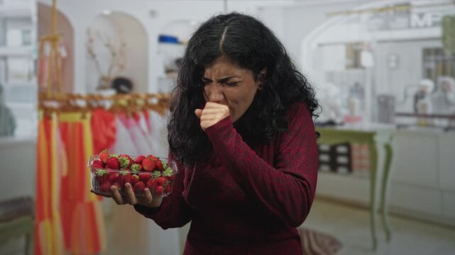 Young woman holding plastic punnet of strawberries and coughing into her fist in building; allergy concern discomfort.