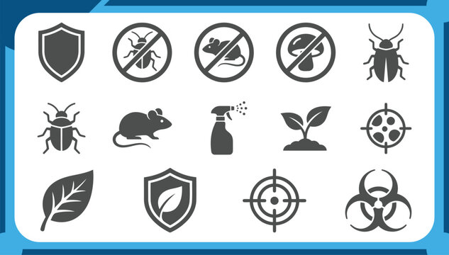 Large Collection of Pest Control Icons Featuring Insect Repellent, Rodent Extermination, Biohazard Symbol, Plant Protection and Hygiene Safety Graphic Elements Vector Set