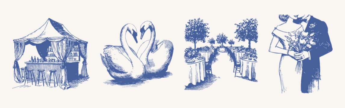 Cocktail bar swans banquet couple romantic wedding set. Includes drinks station, birds, reception tables and embracing pair. Save the date. Illustrations for decor, hand drawn sketch style.
