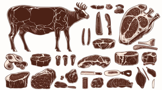 Artistic illustration of a deer and various cuts of meat, in monochrome brown colors